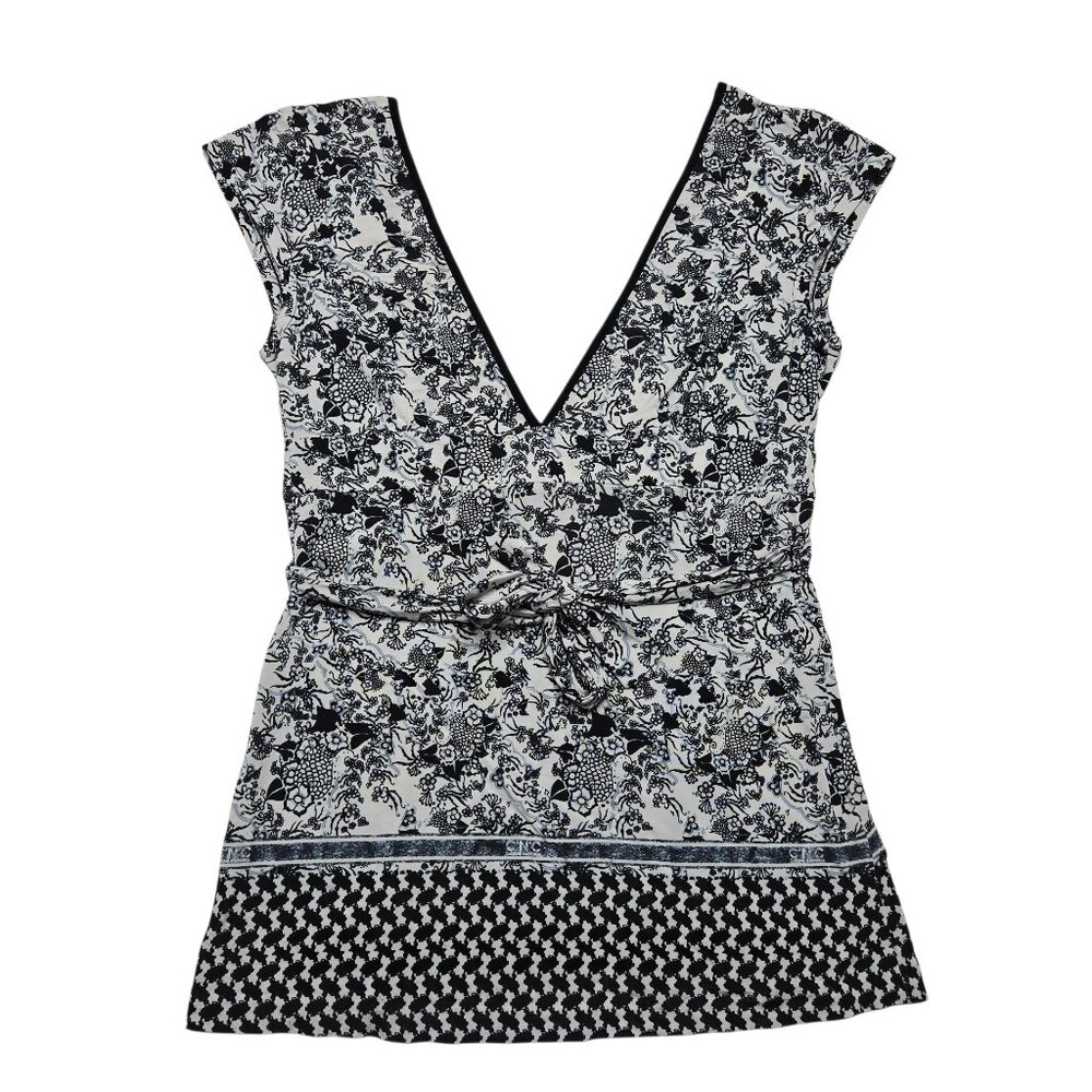 CNC Costume National Shirt Womens Small Black White Floral Y2K‎ V Neck Tunic Top